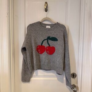 Gray Crewneck Sweater with Red Cherry Motif